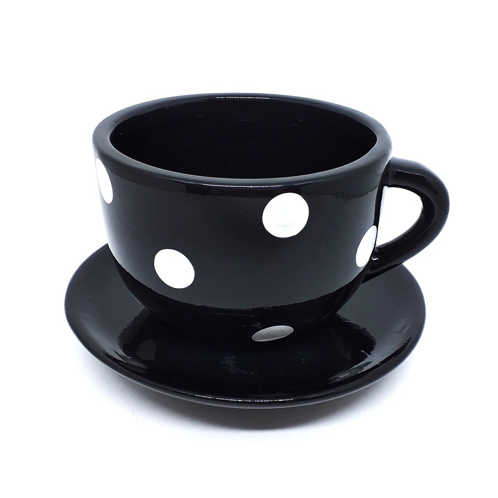 Vaso Cachepô de Cerâmica Xícara Grande Preta com Poá
