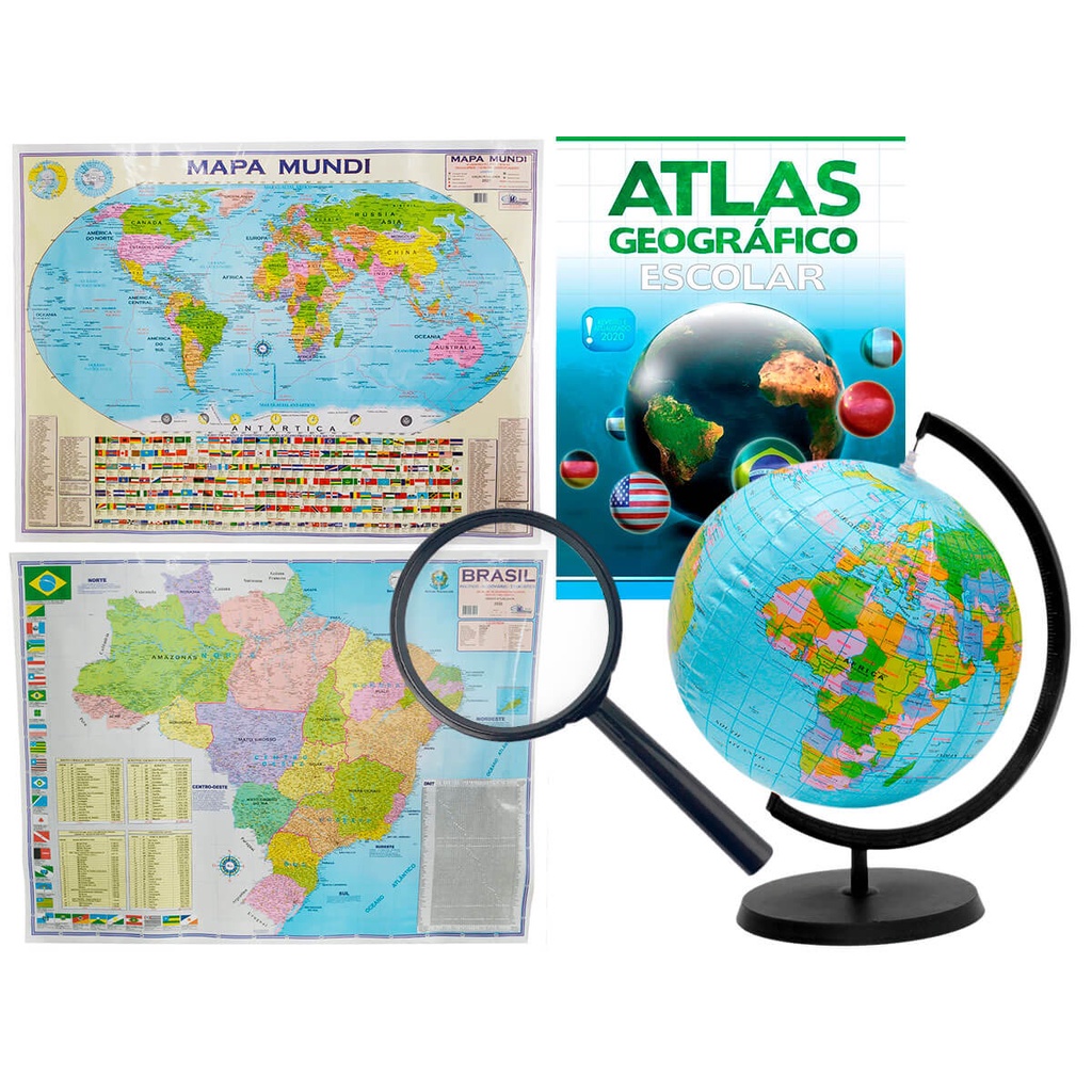 Kit Globo Terrestre Inflável 17cm Lupa Atlas Mapas Do Brasil E Mundi 120x90cm Escolar 6174