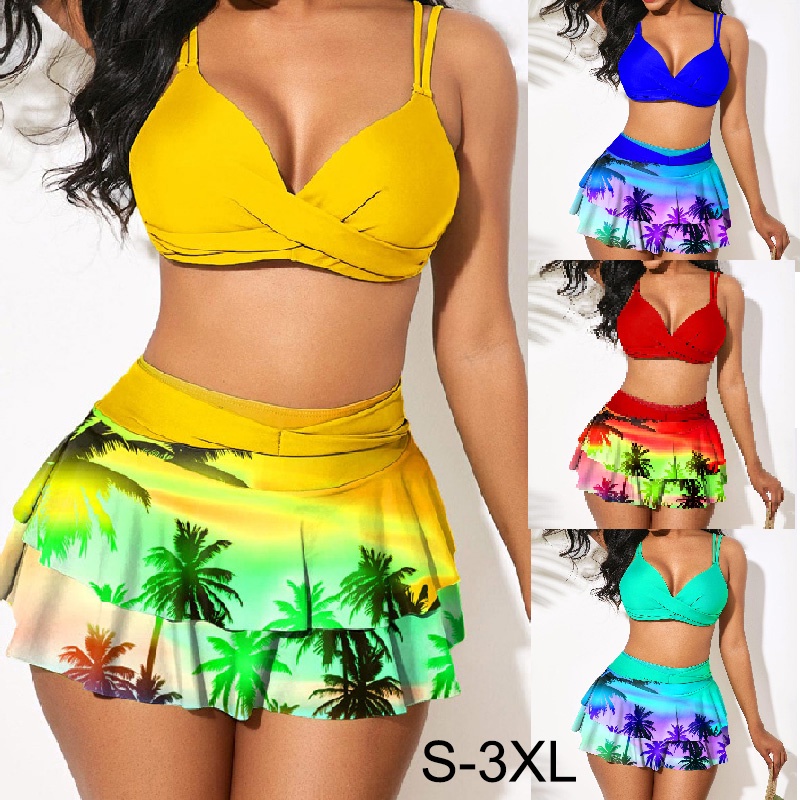 Biquíni Cintura Alta saia short com bojo conjunto feminino adulto Babados saída praia plus size Estampado shorts Biquine gg