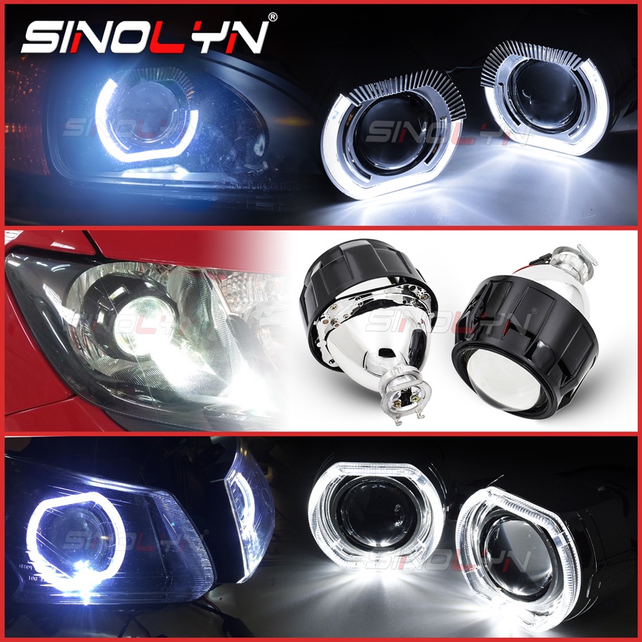 Projetor Sinolyn LED Angel Eyes Bi Xenon Para Lentes De Farol H7 H4 2.5 Inch Preto H1 HID Carro Acessórios De Sinalização De Giro Do