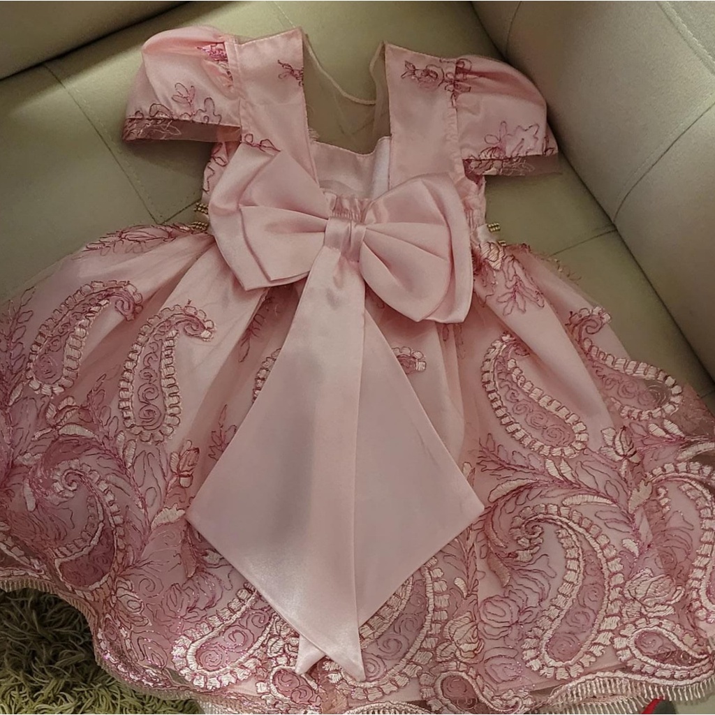 Vestido Infantil Moana Baby Luxo Princesas Renda e Pérolas - Rosa