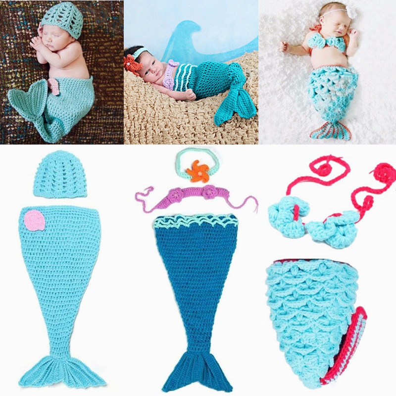 3 Estilos Adereços Fotográficos Recém-Nascidos Conjunto De Crochê Bebê Boné Tricotado Peixe Azul Saia Foto Fantasia Infantil Menino Menina Roupas