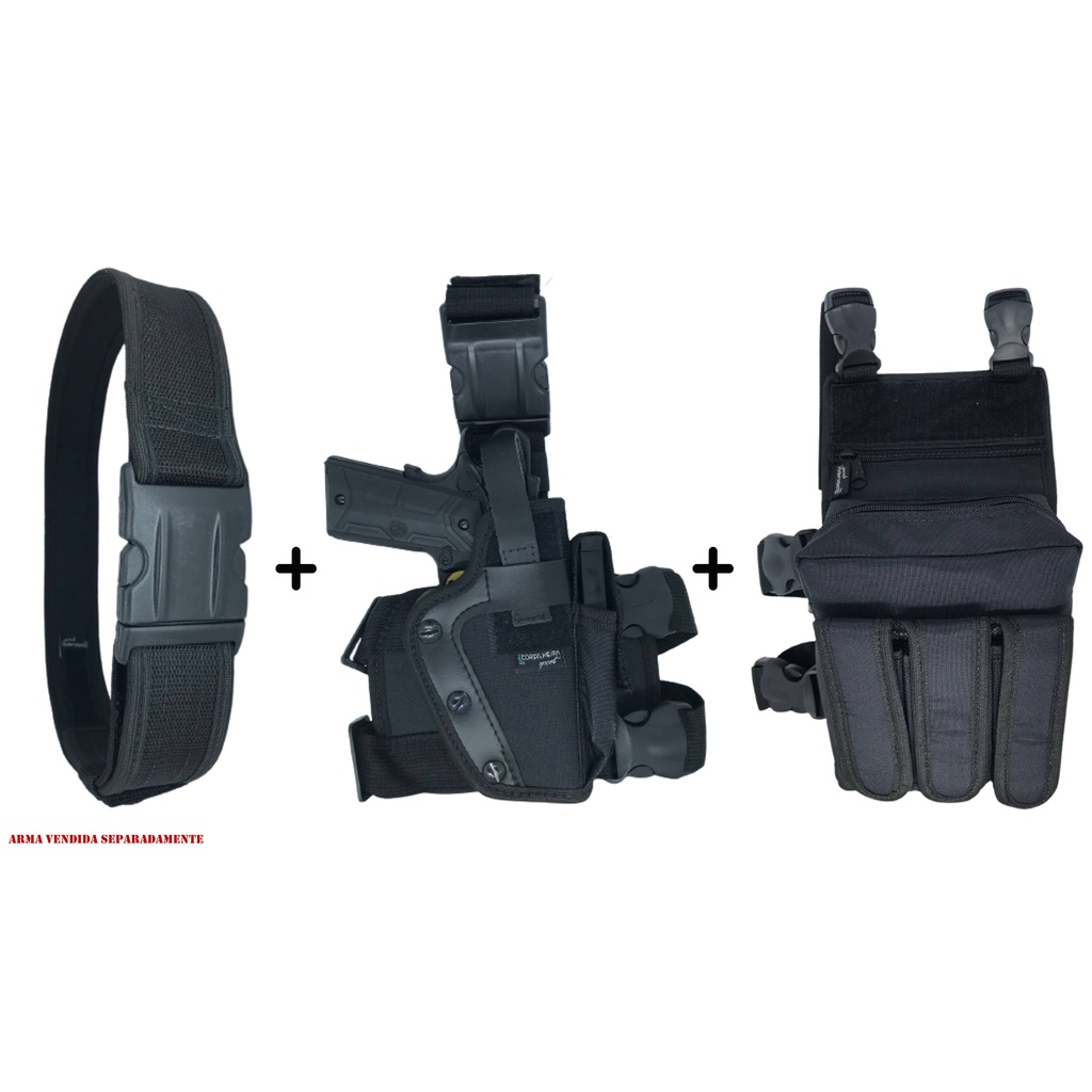 Coldre Perna Militar Robocop Cintura + 1 Cinto de Guarnição N.A + Bornal Tático com 3 Bolsos para Carregadores Preto Kit 2