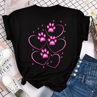 Moda Nova Camiseta Preta Feminina Rosa Amor Pata Estampa De Solta Blusa Branca Manga Curta Primavera E Verão Roupas