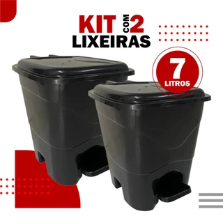 Lixeira Pedal 7l Preta Kit 2 Unidades Cozinha Banheiro Lavanderia Escritório