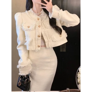 Casaco Solto + Saia midi De tweed De Outono Manga Longa Cintura Alta Temperamento Feminino De Duas Peças Traje