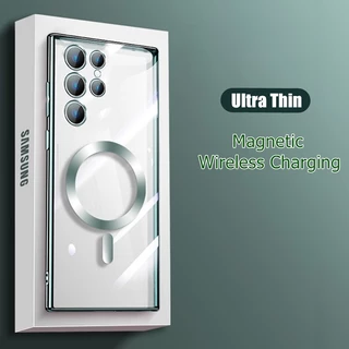 Capa De Carga Magnética Sem Fio De Luxo Para Samsung S24 S23 S22 S21 Ultra Plus TPU Traseira Da Lente De Vidro À Prova De Choque T09
