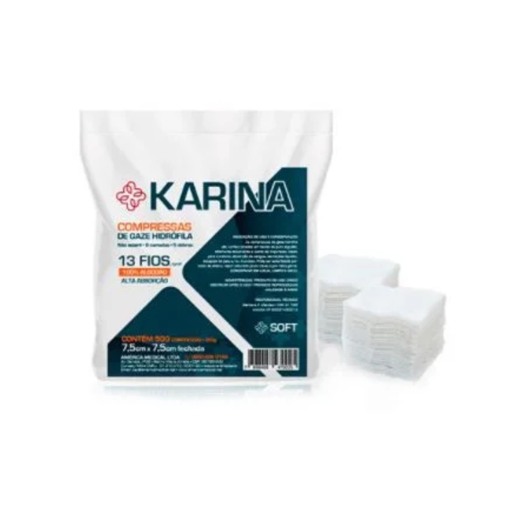 Compressa de Gaze 7,5cm x 7,5cm Karina 13 fios c/ 500 - American ...
