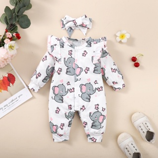 Macacão Para Bebê Recém-Nascido Elefante Animal Impressão De Manga Comprida Romper Jumpsuit Com Fita A Cabeça Por 0-12 Meses