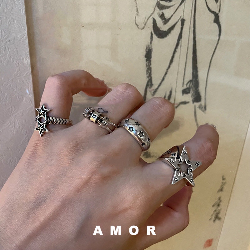 Conjunto De Anéis Y2K Anel Retro Antigo Prateado Ajustável Aberto