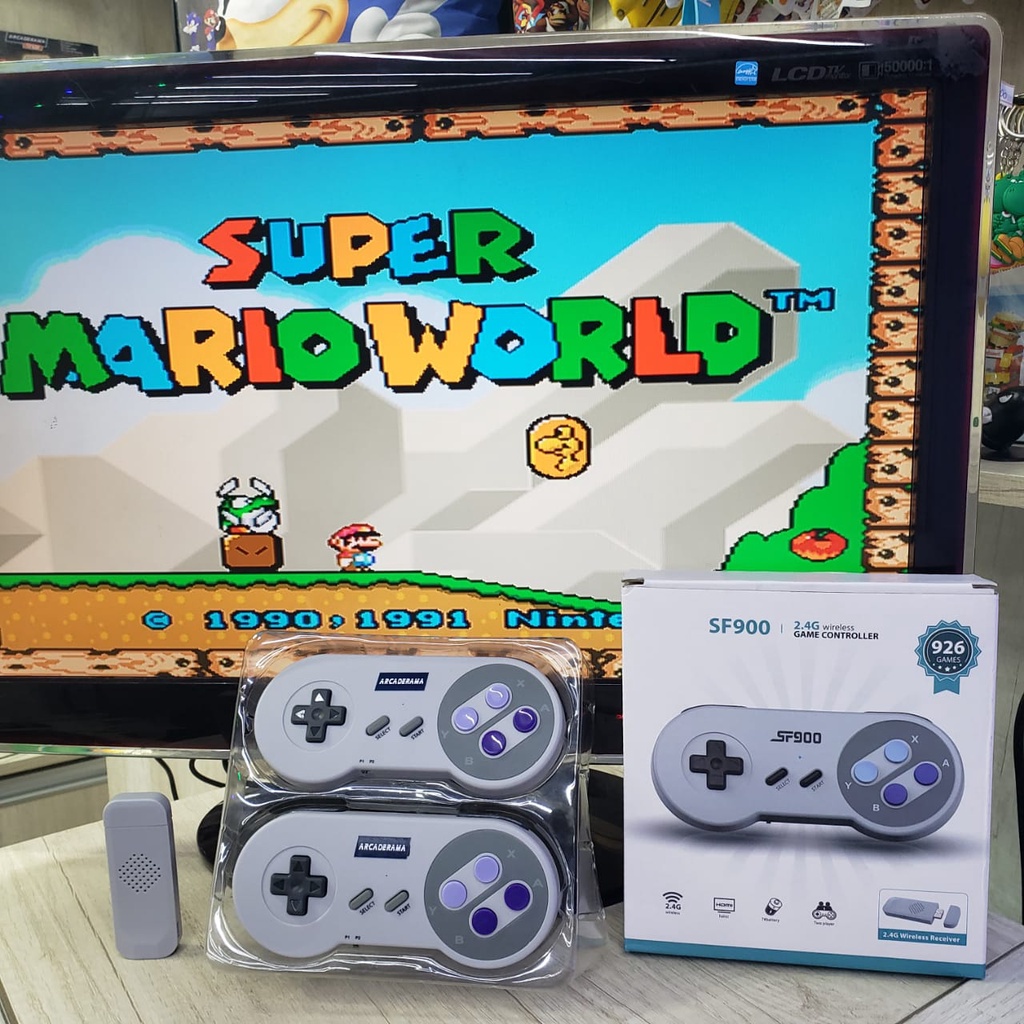 Videogame retrô SF900 Super Nintendo 1500 Game + 2 controles sem fio para videogame de 8 bits