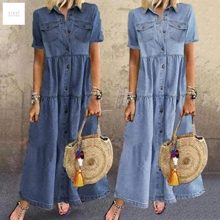 youho Women Retro Plus Size Mulher Jeans 2022 Verão Manga Curta Gota De Bolso Com Botão Vestido Longo Solto
