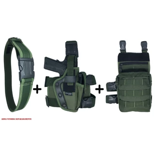 Coldre Perna Militar Robocop Cintura + 1 Cinto de Guarnição N.A +Bornal Tático Militar Modular Verde Kit 3