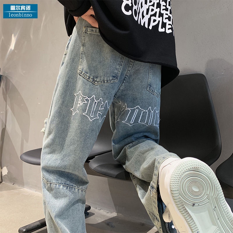 Jeans Carta Bordado Masculino Primavera Americano hip-hop Calças Retas