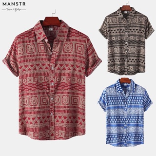 Camisa De Manga Curta Floral Estampada Retrô Étnica Masculina Solta Casual Plus Size Vintage Lapela Botão Up Polo Vermelha \ Azul Khaki Preta