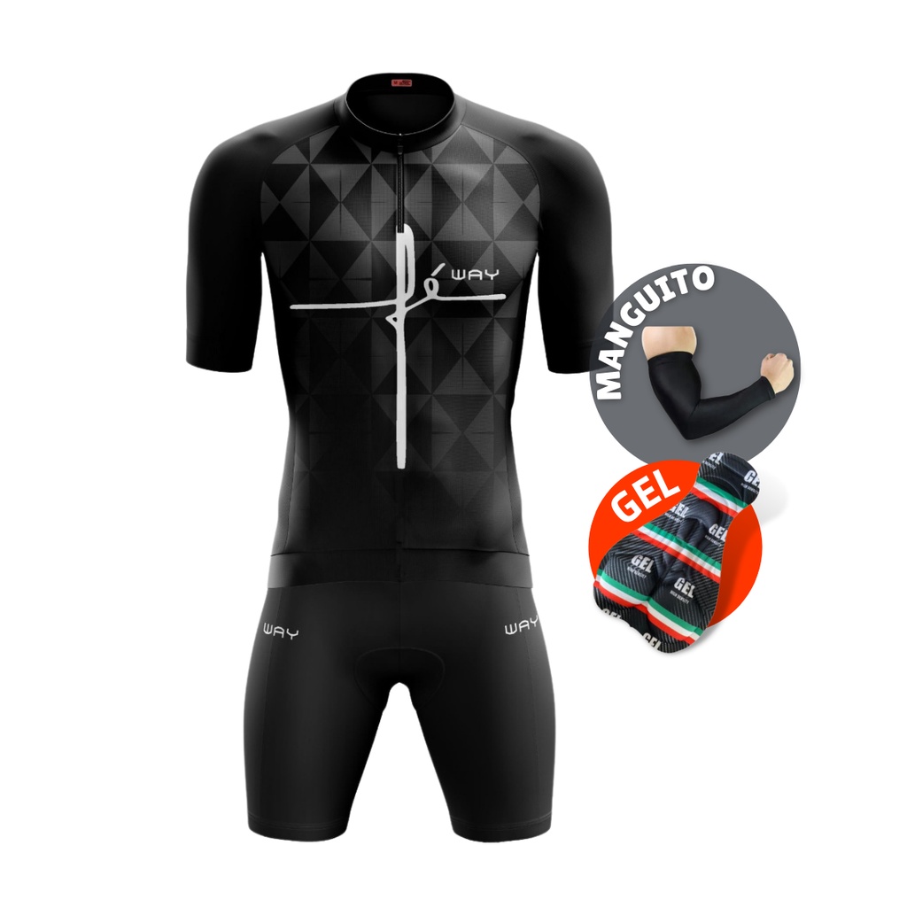 Conjunto Ciclismo Masculino Camisa Fé Preta e Bermuda Gel Manguito