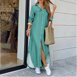2022 Primavera Outono Camisa Elegante Vestido De Manga Longa Das Mulheres Botão De Cor Sólida Casuais Vestidos Longos Soltos