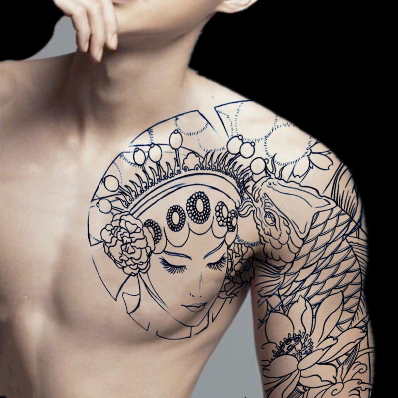Adesivos De Tatuagem Meio Armadura/Xale Homens Mulheres Estilo Peito/Velho Tradicional Japonês Feminino/Maron Big Arm Black Gray/Realistas