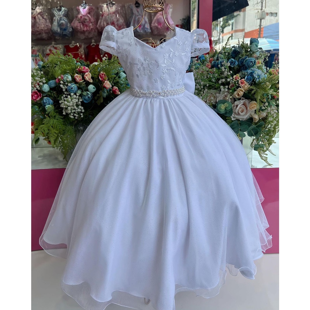 Vestido Dama de Honra Branco C/ Brilho Longo Luxo - 4 ao 16