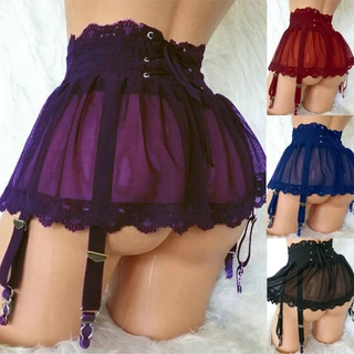 Mais Tamanho Mulheres Cinta Amarrar Babado Liga Cinto Noturno Mini Saia Sexy Cintura Alta Faixagem Vestido Curto Lingerie