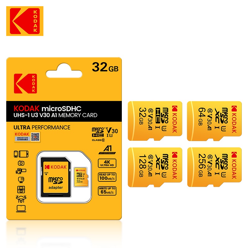 Cartão Kodak Micro SD 128GB 64GB 256 Gb 32GB De Memória De Alta Velocidade U3 A1 V30 Classe 10 TF Para Adaptador De Congelação