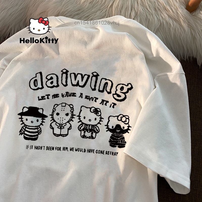 Roupas Femininas Algodão Japonês Fofo Hello Kitty Gato Padrão Manga Curta Camiseta Feminina Estudante Solto Top Y2k Menina