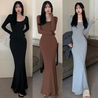 Moda Feminina De Primavera E Outono Coreana Simples Casual Cor Sólida Colarinho Quadrado Slim Sexy Rabo De Peixe Vestido De Manga Comprida