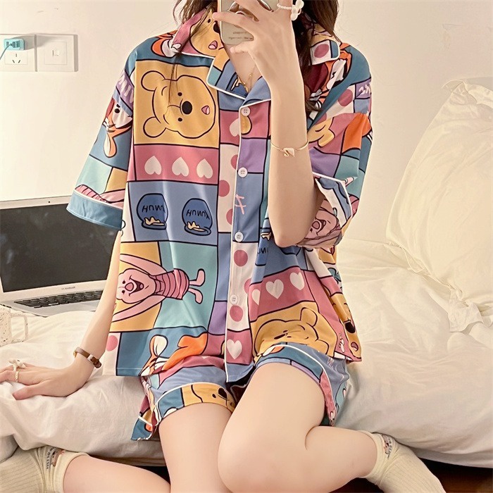 Kawaii Anime Disney Leite Silk Pijamas Primavera Sleepwear Feminino Terno  Meninas Bonito Manga Curta Roupa de Noite de Verão Home
