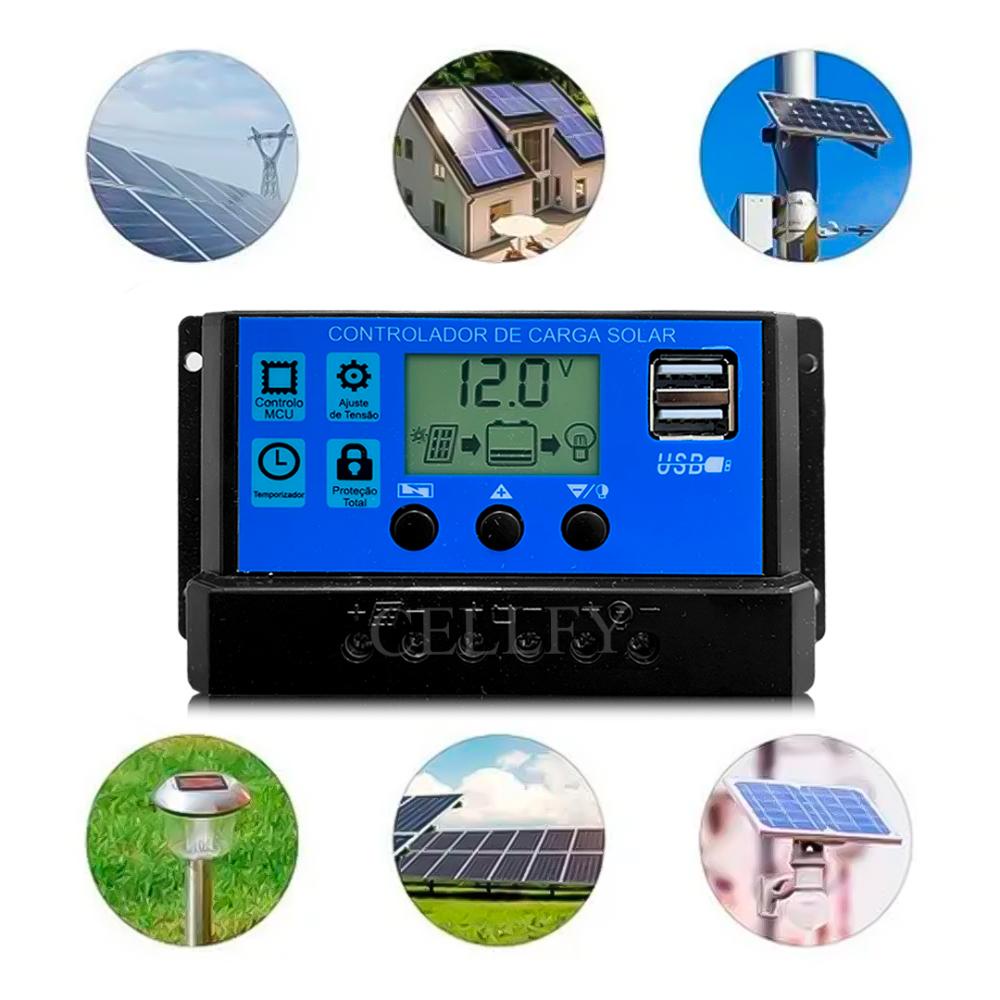 Controlador de Carga Solar Pwm Display LCD USB 10A 12V/24V