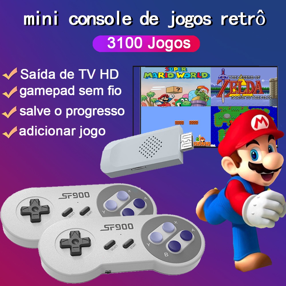 Videogame retrô SF900 Super Nintendo 1500 Game + 2 controles sem fio para videogame de 8 bits