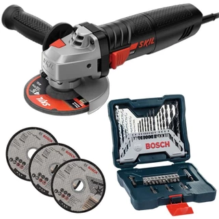 Esmerilhadeira Angular 4.1/2 POL 700W 9002 SKIL + Kit X-Line 30 Peças BOSCH + 3 Discos
