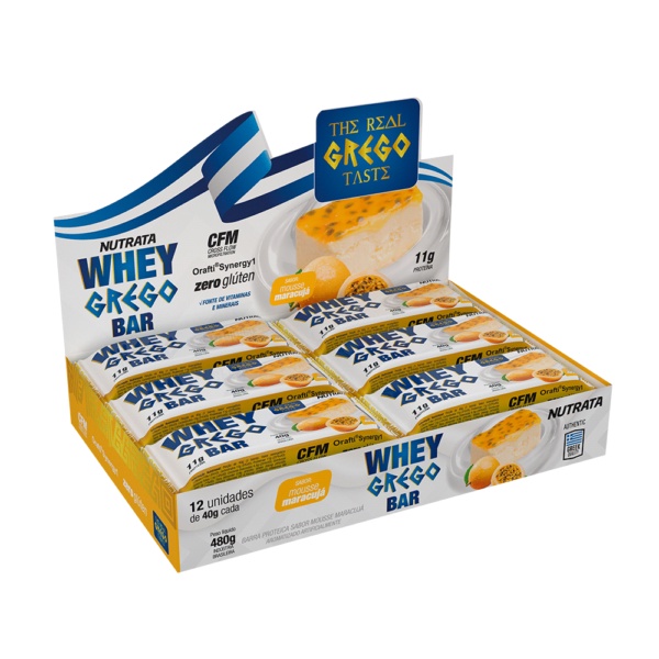 BARRA DE PROTEÍNA – WHEY GREGO BAR SABOR MOUSSE DE MARACUJA 40G DISPLAY C/12 – NUTRATA