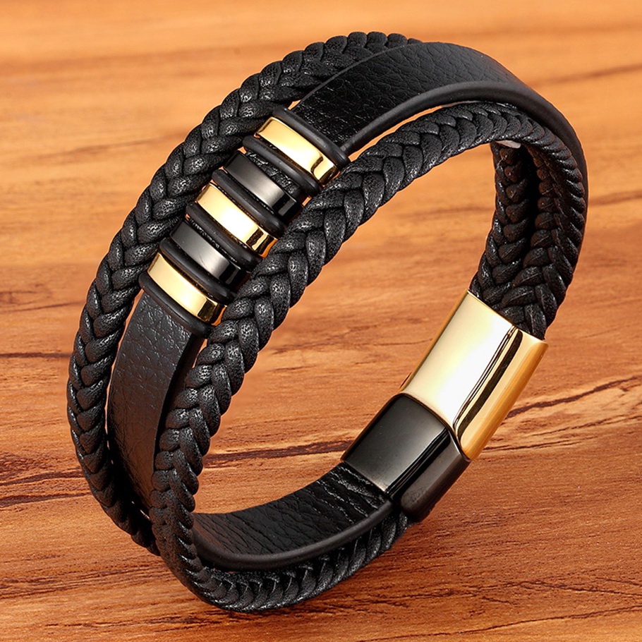 3 Camadas Design Estilo Punk Preto Pulseira De Couro Para Homens Aniversário Em Aço Inoxidável Acessórios Pulseiras Masculinas