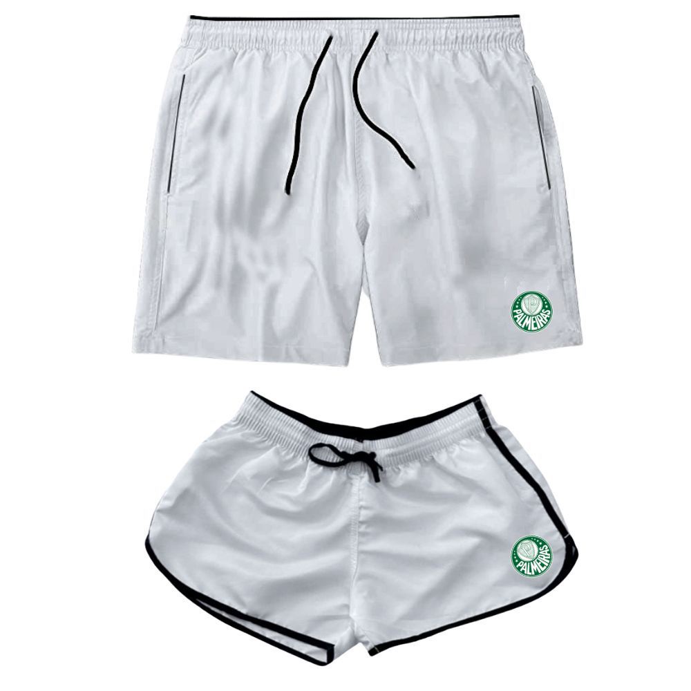 Kit Short Casal Time de Futebol Bermuda Tactel Branca Namorados Combinando Moda Praia