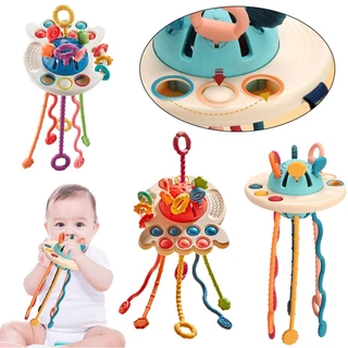 Brinquedos De Bebê Chocalhos De Dentes De Silicone Para 3 Em 1 Cordas De Puxar Montessori Brinquedo Sensorial Interativo 0-3 Anos