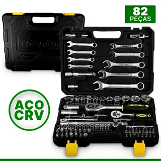 Kit Jogo Ferramentas 82 Peças Profissional Soquetes Multiuso Com Maleta Completa Para Serviços Gerais 05611