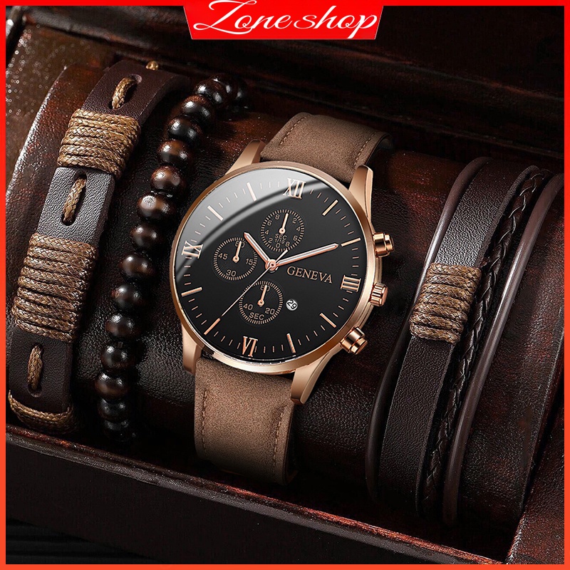 Relógio Masculino Com Calendário Conjunto De Pulseiras De Relógios Masculinos Alça De Couro Casual