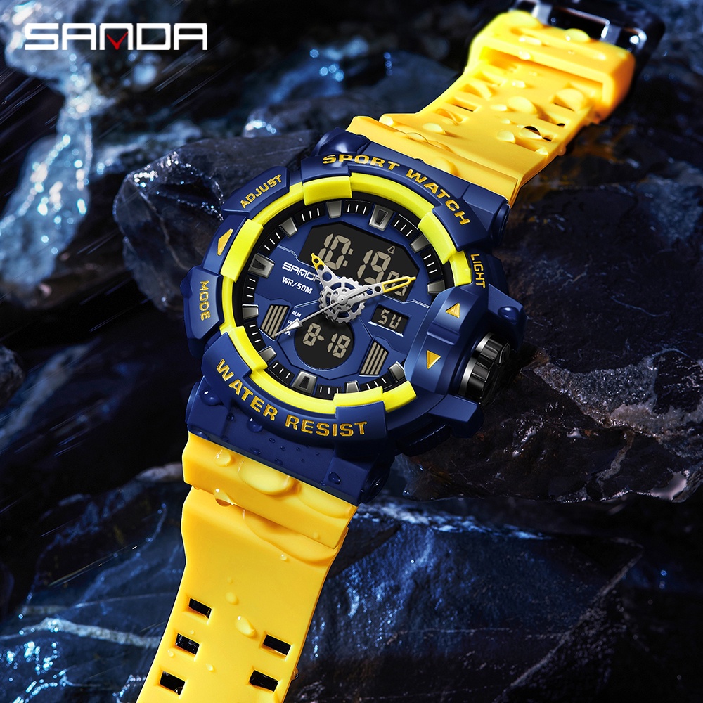 2023 Novo Relógio SANDA Masculino Militar Esportivo De Pulso Amarelo Azul Quartzo À Prova D'água Relogio 3129