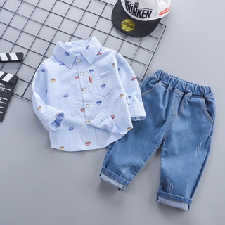 Primavera Outono Crianças Meninos Conjunto De Roupas Desenho Animado Carro Lapela Camisa + Calça 2Pcs Traje Para Roupa Casual