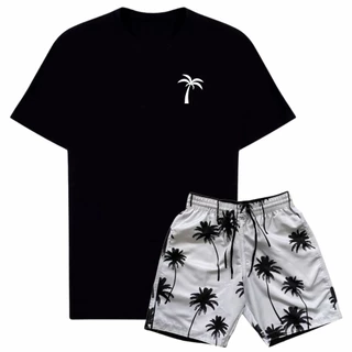 Kit Camiseta Algodao Premium e Short Tactel Com Bolsos Top Moda Praia