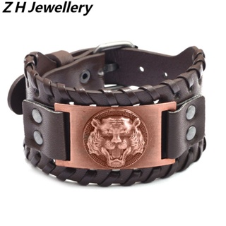 [Z H Jóias] Viking Moda Masculina Tigre Tecido De Couro De Aço Inoxidável Pulseira/De Festa Acessórios 18.5CM ~ 21.5CM