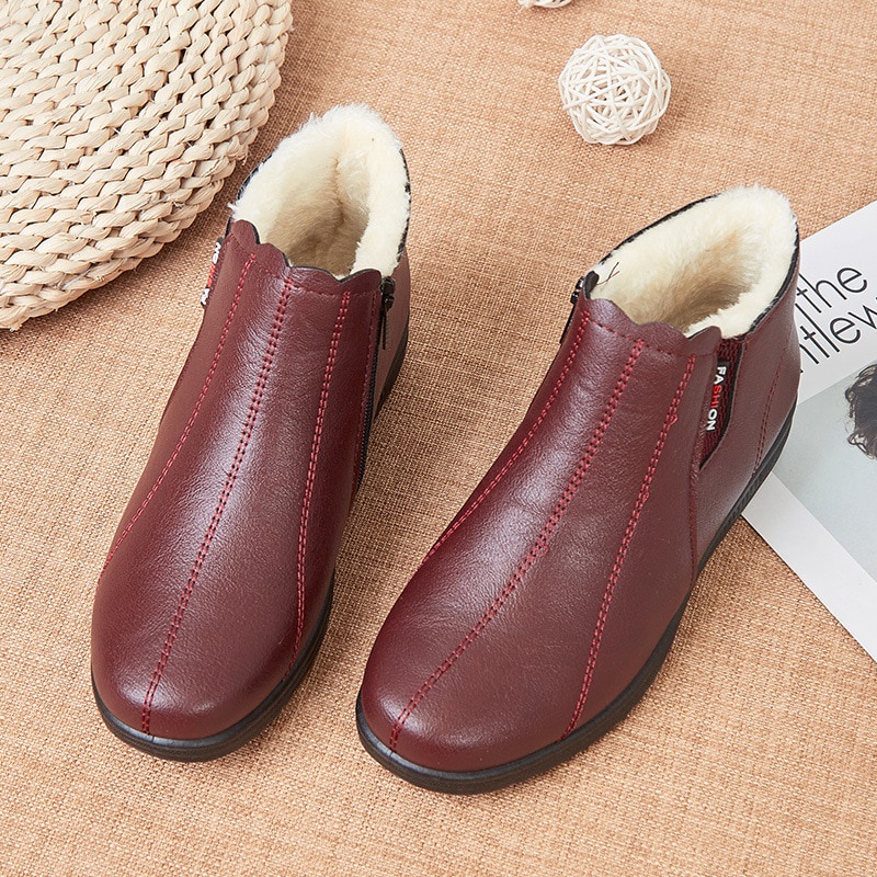 Sapatos Quentes De Inverno Para Mulher Bota Curta Preta Com Pelo Feminino Botas De Couro Tornozelo Femininas Neve Impermeáveis Zip Up