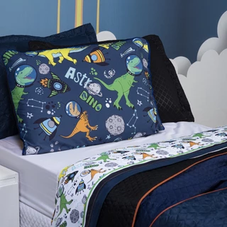Jogo de Cama Astrodino Branco/Azul Marinho Solteiro 03 Peças - Percal 180 Fios