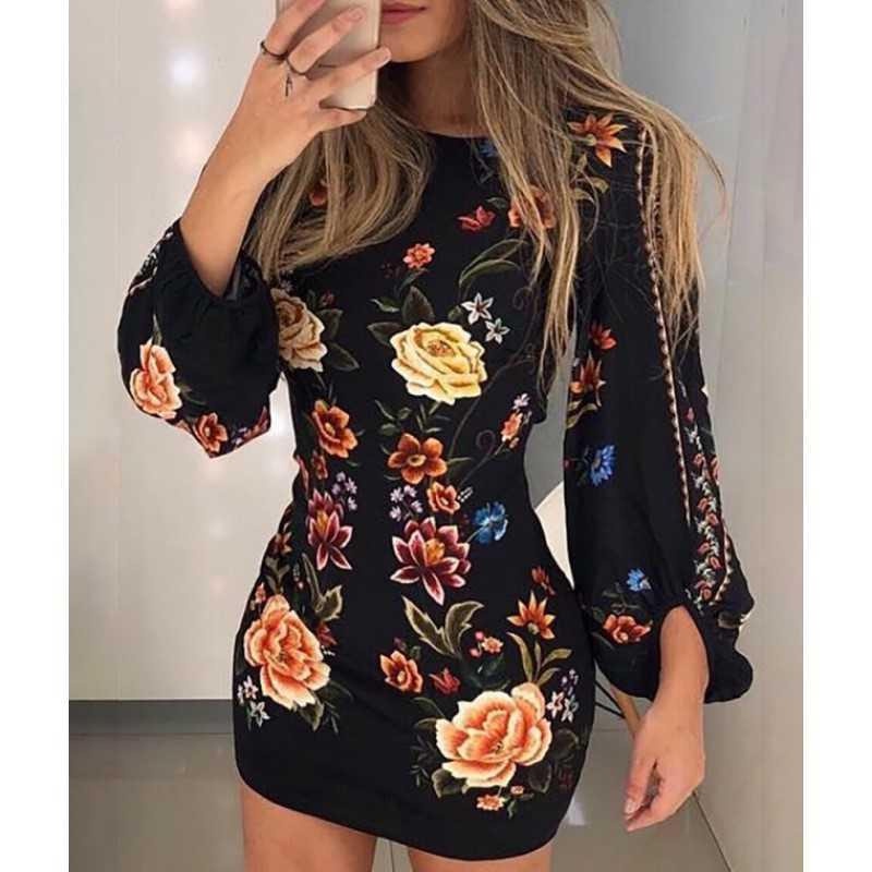 Mini vestido curto feminino preto manga longa moda floral estampa bodycon