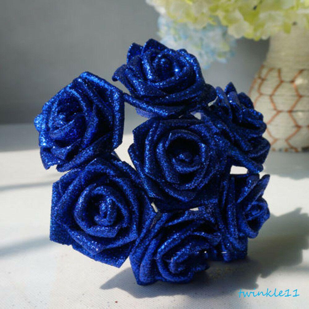 TWINKLE Espuma Rosas 10pcs Bouquet De Noiva Azul Com Flores Artificiais Em Pó Glitter