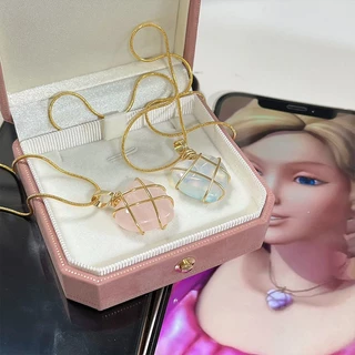 Colar Barbie Pingente De Amor Castelo De Diamante Cristal Natural Pó Opala Pêssego Coração De Bricolage De Enrolamento Presente De Aniversário