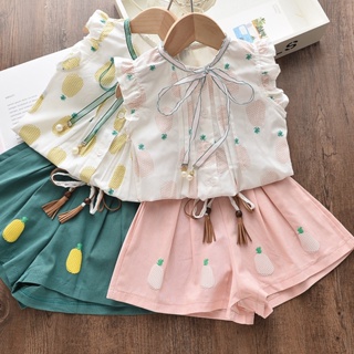 Roupas Infantis De Verão Meninas Verdes Para Crianças Abacaxi + Conjunto De Calça Curta 2pcs