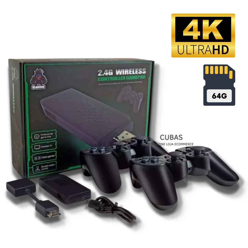 Vídeo Game Retro Console Stick Box 4k 2 Controles Sem Fio 64gb 4g - Parcelamento em até 12x