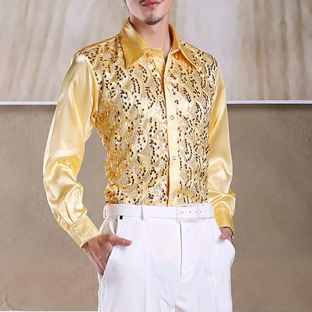 Brilhante Gold Sequin Glitter Camisa Manga Longa De Festa Discoteca Coro Para Homens