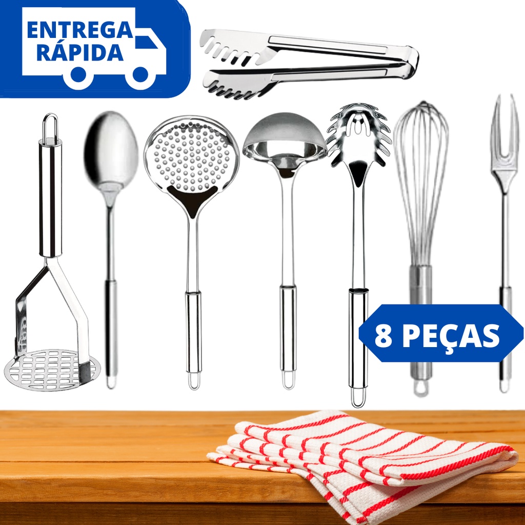 Utensílios de Cozinha 8 Peças 100% Inox Kit Pegadores